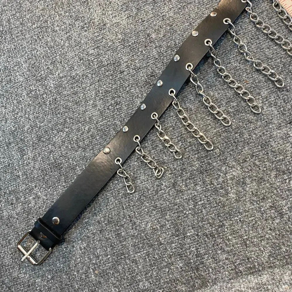 Hot Topic Size 32-34 Medium Hanging Sliver Chains Belt Emo Goth Black Leather